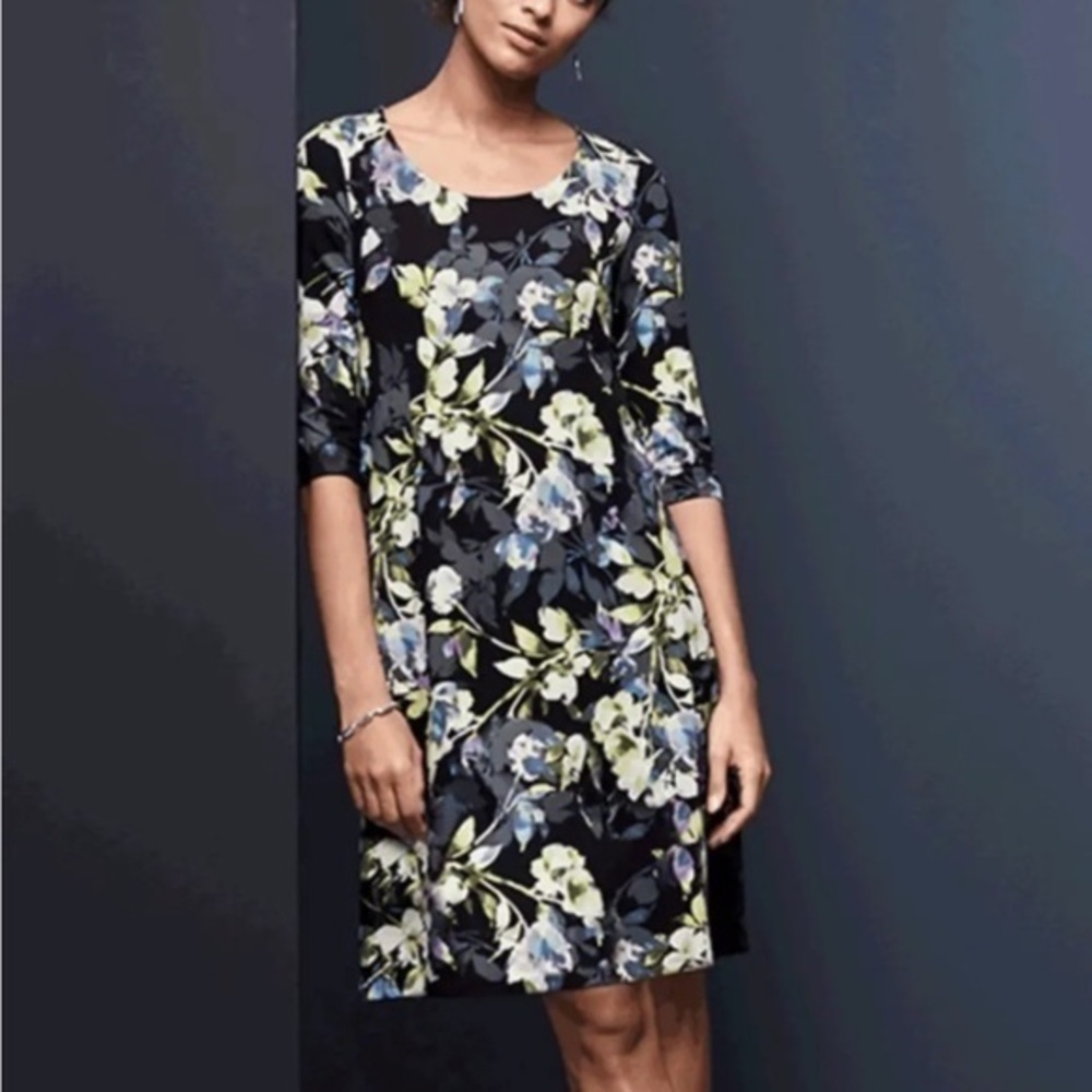 J Jill wearever collection black floral half sleeve swing dress medium